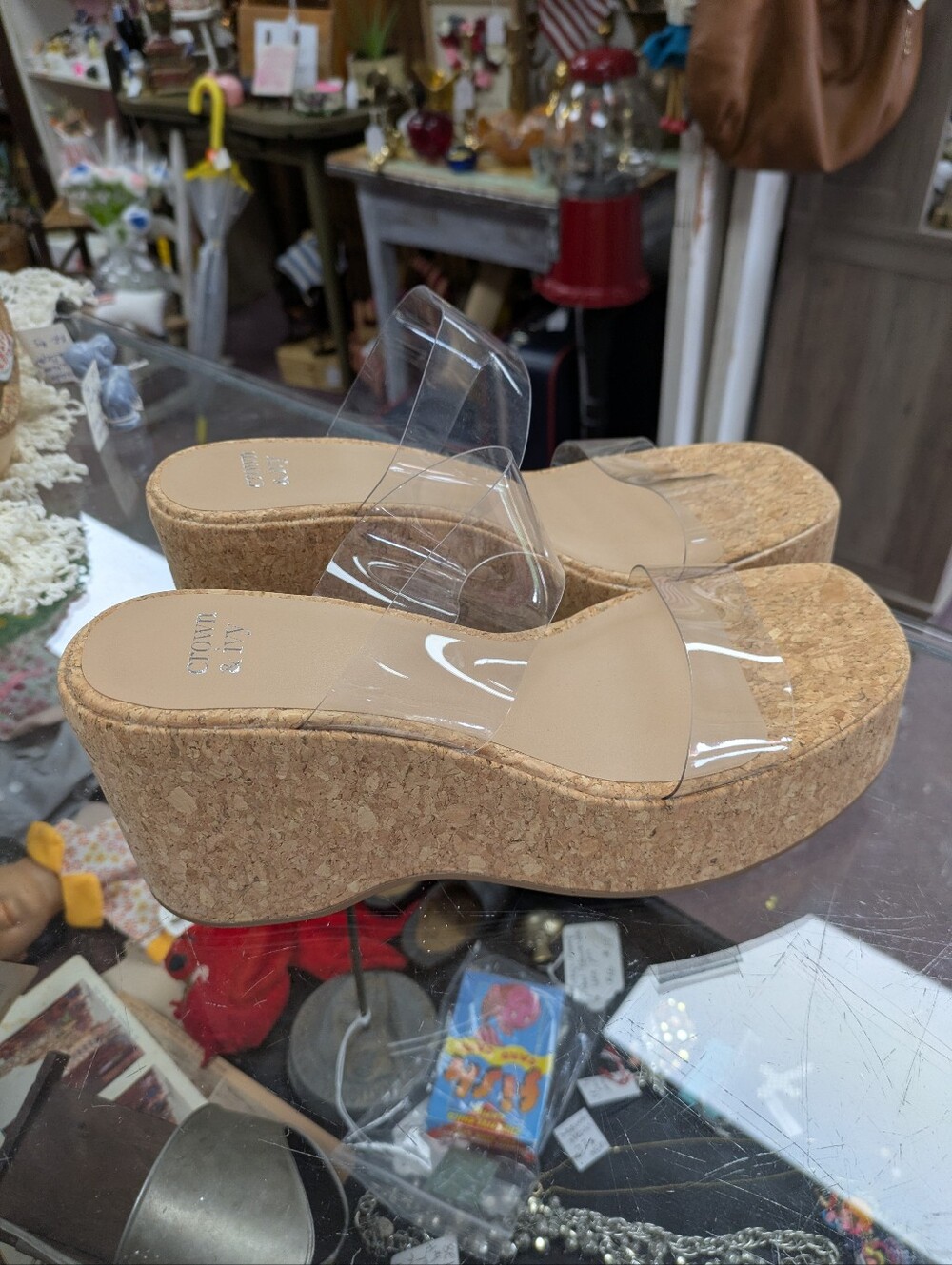 New CROWN & IVY Clear Strap Cork Platform Wedge Sandals